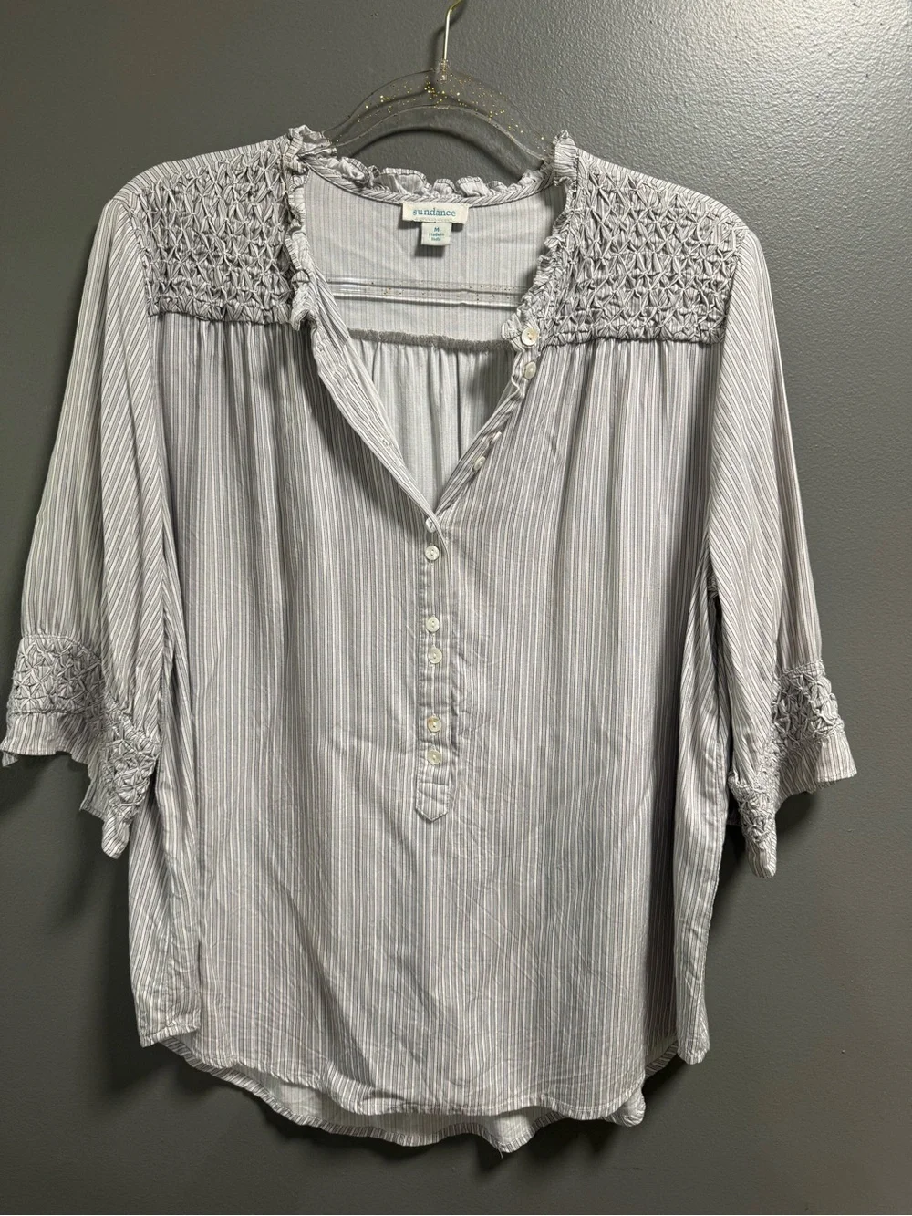 Sundance Light Grayish Blue Pinstripe Smocked Yoke Button-Front Blouse M - Picture 1 of 6